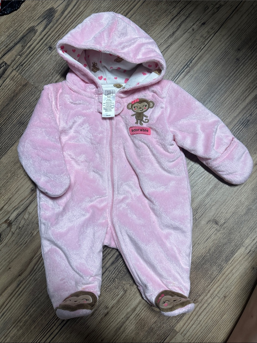 Pink Plush Hooded Baby One-Piece with Monkey Applique